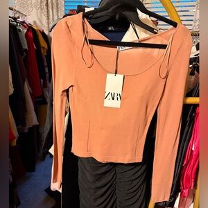 Zara NWT mesh semi sheer long sleeve stretchy top